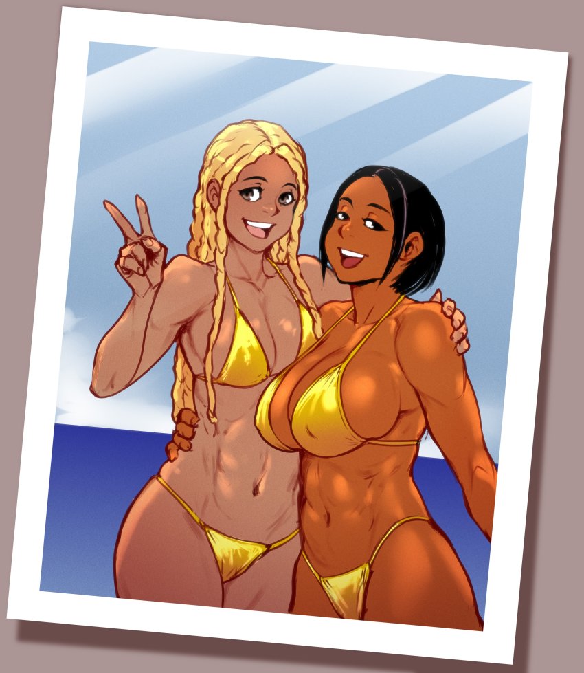 2girls abs absurdres akila_(ratedlforlewd) arm_around_waist arung_samudra_(cessa) bikini black_eyes black_hair borrowed_character breasts cleavage covered_erect_nipples cowboy_shot dark-skinned_female dark_skin dreadlocks half-closed_eyes highres izra large_breasts looking_at_viewer medium_breasts multiple_girls navel ombok_diving_and_delivery_services open_mouth original second-party_source short_hair smile swimsuit v yellow_bikini