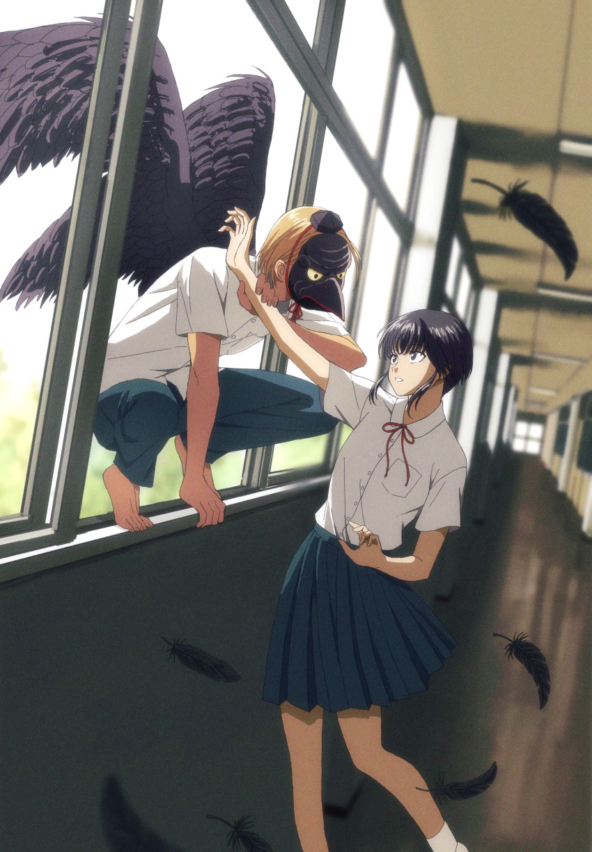 1boy 1girl absurdres barefoot black_hair black_wings blonde_hair commentary edaori feathered_wings feathers grabbing_another&#039;s_arm hallway highres looking_at_another mask original school school_uniform short_hair skirt tengu_mask window wings