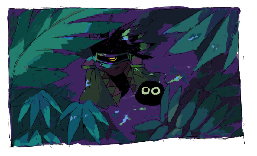 bad_id bad_pixiv_id cape dark_matter_(kirby) dark_matter_blade fern foliage goggles gooey_(kirby) kirby&#039;s_dream_land_2 kirby_(series) leaf nintendo one-eyed purple_background soumenhiyamugi