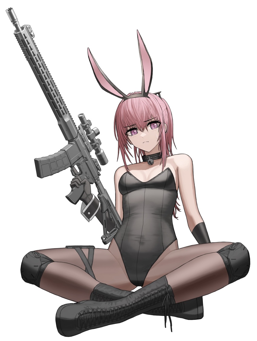 1girl absurdres animal_ears ankle_boots ar-15 bell black_boots black_gloves black_leotard boots breasts cheogtanbyeong collar collarbone commission detached_sleeves elbow_gloves fake_animal_ears girls&#039;_frontline gloves gun highres holding holding_weapon knee_pads leotard looking_at_viewer neck_bell pantyhose pink_eyes pink_hair playboy_bunny ponytail rabbit_ears rifle scope sitting small_breasts solo st_ar-15_(girls&#039;_frontline) sweatdrop trigger_discipline weapon