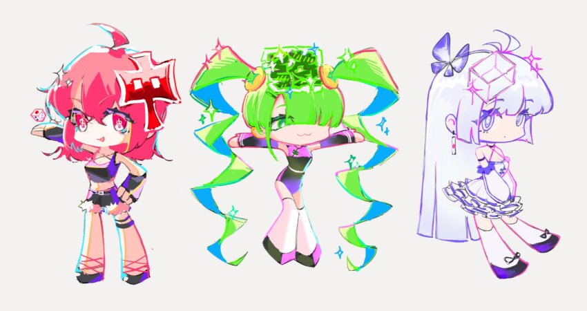 3girls :3 :o ahoge antenna_hair armlet bare_shoulders belt belt_buckle black_belt black_footwear black_gloves black_ribbon black_shirt black_shorts black_sleeves blunt_bangs blunt_ends breasts bright_pupils buckle bug butterfly butterfly_on_head chibi cleavage closed_mouth commentary_request criss-cross_straps crop_top cross-shaped_pupils cross_hair_ornament detached_sleeves dice dress earrings eyelashes fingerless_gloves frilled_dress frilled_sleeves frills fur-trimmed_shorts fur_trim gloves green_eyes green_hair green_hat grey_background hair_ornament hair_over_one_eye halter_dress halterneck hand_on_own_hip hat ice ice_cube insect jewelry leg_ribbon lewenxijian long_hair long_sleeves medium_hair midriff multiple_girls navel object_floating_above_hand ofuda_earrings open_mouth original outstretched_arm outstretched_arms over-kneehighs parted_lips pink_eyes pink_hair pink_ribbon puffy_long_sleeves puffy_sleeves purple_butterfly purple_eyes ribbon shirt shoes short_dress shorts simple_background sleeveless sleeveless_shirt smile socks spaghetti_strap sparkle straight_hair symbol-shaped_pupils thigh_strap thighhighs very_long_hair wavy_hair white_dress white_hair white_pupils white_sleeves white_socks