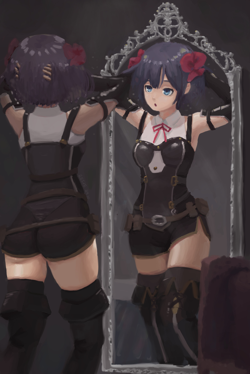 1girl absurdres adjusting_hair armpits ass belt_pouch black_boots black_romper boots breasts detached_sleeves eyebrows_hidden_by_hair from_behind full-length_mirror hair_between_eyes highres jordan_reine looking_ahead mirror nageki_no_bourei_wa_intaishitai open_mouth pouch reflection short_hair simple_background small_breasts solo thigh_boots tino_shade