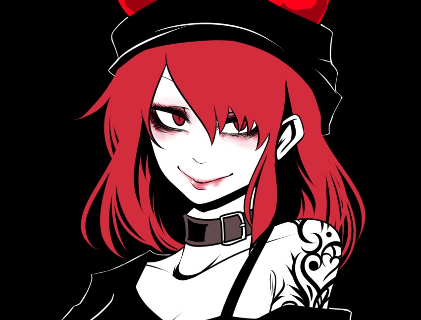 1girl black_background closed_mouth collar eyelashes female_focus flat_color hecatia_lapislazuli lips lipstick looking_at_viewer makeup off-shoulder_shirt off_shoulder red_eyes red_hair red_lips sei_no_ji shirt simple_background smile solo tattoo touhou upper_body