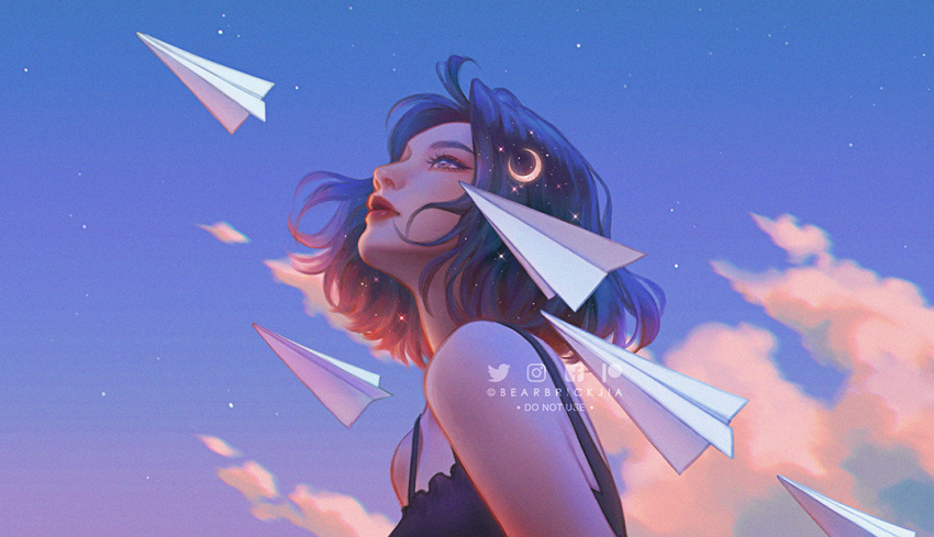 1girl artist_name bare_shoulders black_hair cloud crescent day facebook_logo instagram_logo karmen_loh logo looking_up medium_hair original outdoors paper_airplane patreon_logo sky solo star_(sky) twitter_logo upper_body
