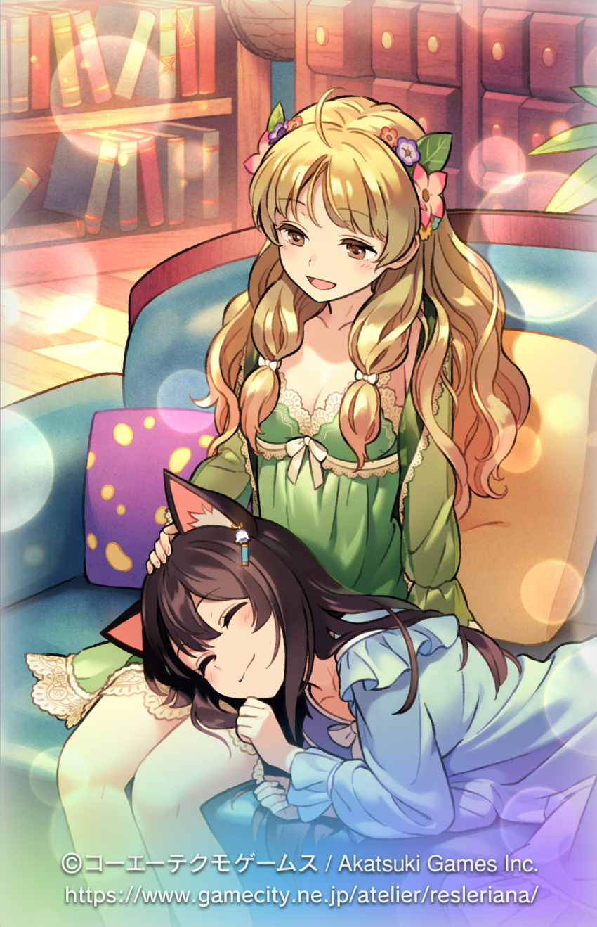 2girls :3 animal_ear_fluff animal_ears atelier_(series) atelier_ayesha atelier_resleriana ayesha_altugle black_hair blonde_hair book bookshelf breasts brown_eyes cat_ears chemise cleavage closed_eyes commentary_request copyright_notice couch flower funuyu hair_flower hair_ornament hand_on_another&#039;s_head highres indoors izana_kokoschka lap_pillow long_hair looking_at_another lying lying_on_lap multiple_girls official_alternate_costume official_art on_couch on_side open_mouth pajamas pillow pink_flower purple_flower sitting sleeping sleeping_on_person smile watermark web_address wooden_floor