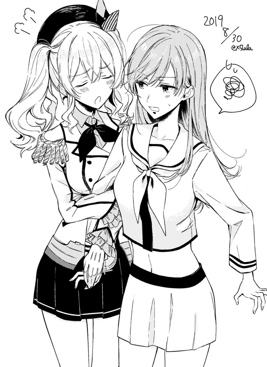 2019 2girls :o beret blush breasts buttons closed_eyes collarbone collared_shirt commentary_request cowboy_shot dated double-breasted epaulettes fingernails frilled_sleeves frills gloves greyscale hair_between_eyes hat highres jacket kantai_collection kashima_(kancolle) locked_arms long_hair long_sleeves midriff military military_jacket military_uniform monochrome multiple_girls navel neckerchief ooi_(kancolle) pleated_skirt remodel_(kantai_collection) sailor_collar saki_hajime school_uniform serafuku shirt sidelocks simple_background skirt spoken_squiggle squiggle sweat twintails twitter_username wavy_hair white_background z-flag