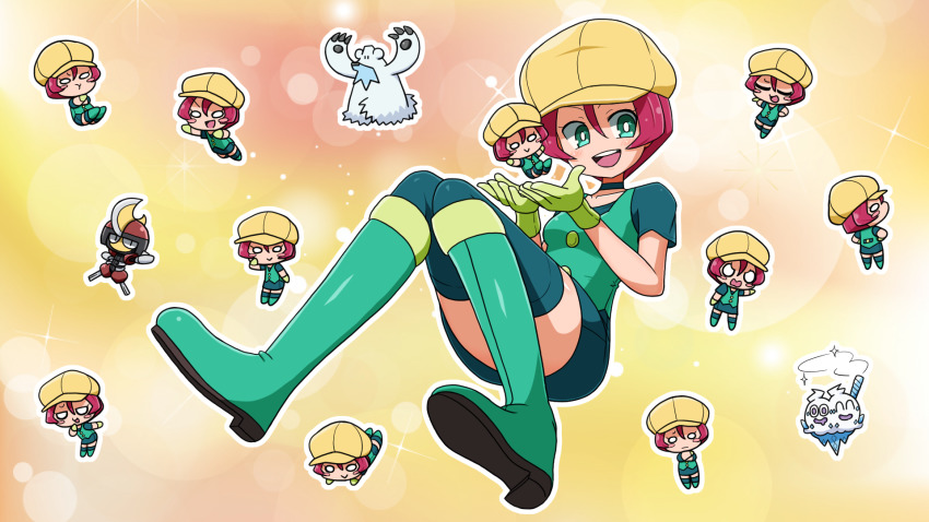 1girl :d beartic bisharp black_choker boots bright_pupils chibi choker collarbone commentary_request game_freak gen_5_pokemon georgia_(pokemon) green_eyes green_footwear green_shirt green_vest hair_between_eyes hat highres knee_boots knees_together_feet_apart mori_hayaki nintendo open_mouth outline pokemon pokemon_(anime) pokemon_bw_(anime) shirt short_hair short_sleeves smile teeth thighhighs tongue upper_teeth_only vanilluxe vest white_pupils yellow_headwear zettai_ryouiki