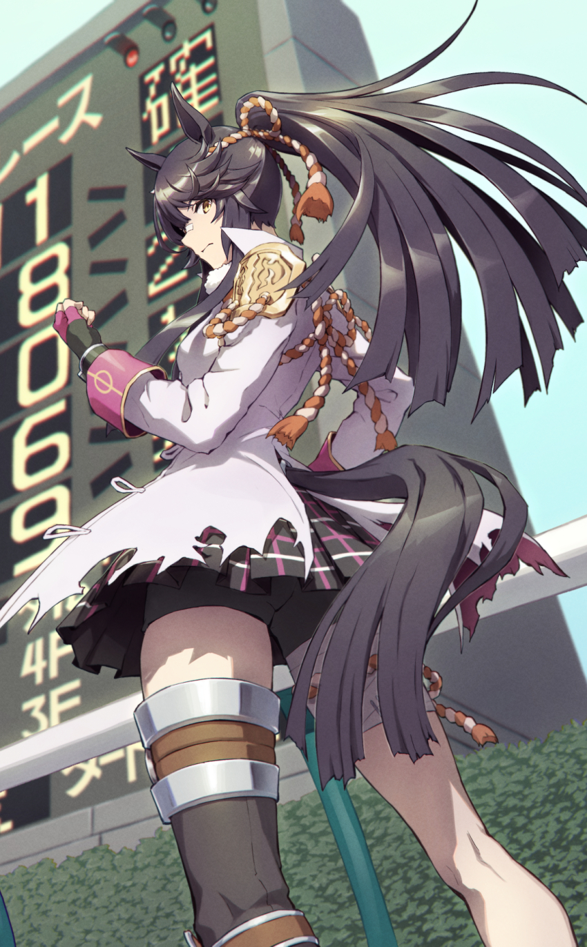 1girl animal_ears bandages bandaid bandaid_on_face bandaid_on_nose belt black_hair black_skirt blue_sky blurry blurry_background boots brown_belt coat commentary_request day fingerless_gloves full_body gloves highres horse_ears horse_girl long_hair long_sleeves looking_at_viewer miniskirt narita_brian_(umamusume) open_clothes open_coat outdoors pink_gloves plaid_clothes plaid_skirt sarashi scoreboard skirt sky solo standing tenkey2022 twitter_username umamusume very_long_hair white_coat yellow_eyes