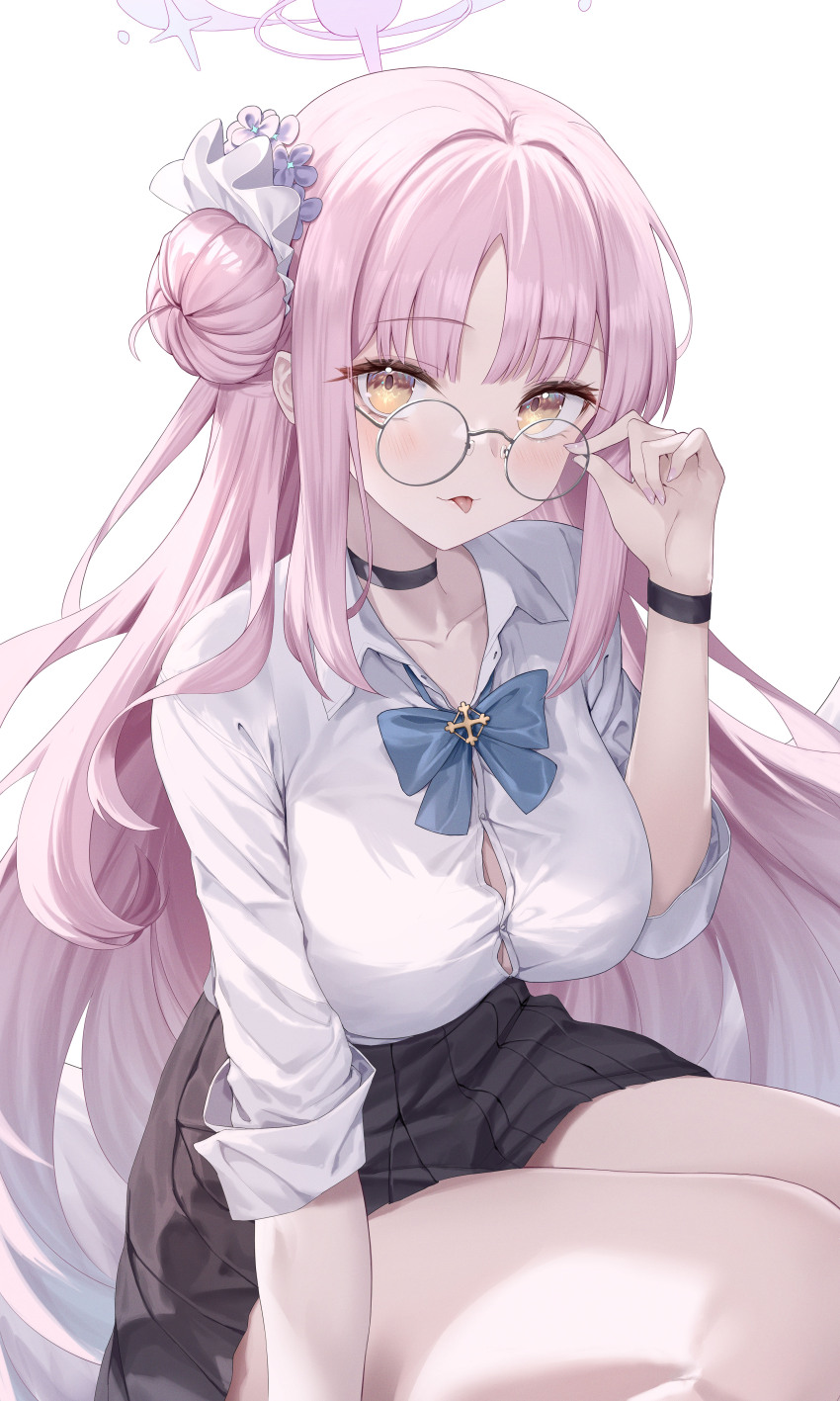 1girl absurdres black_skirt blue_archive glasses highres long_hair long_sleeves mika_(blue_archive) necktie pink_hair roi_(liu_tian) shirt skirt smile solo white_shirt yellow_eyes