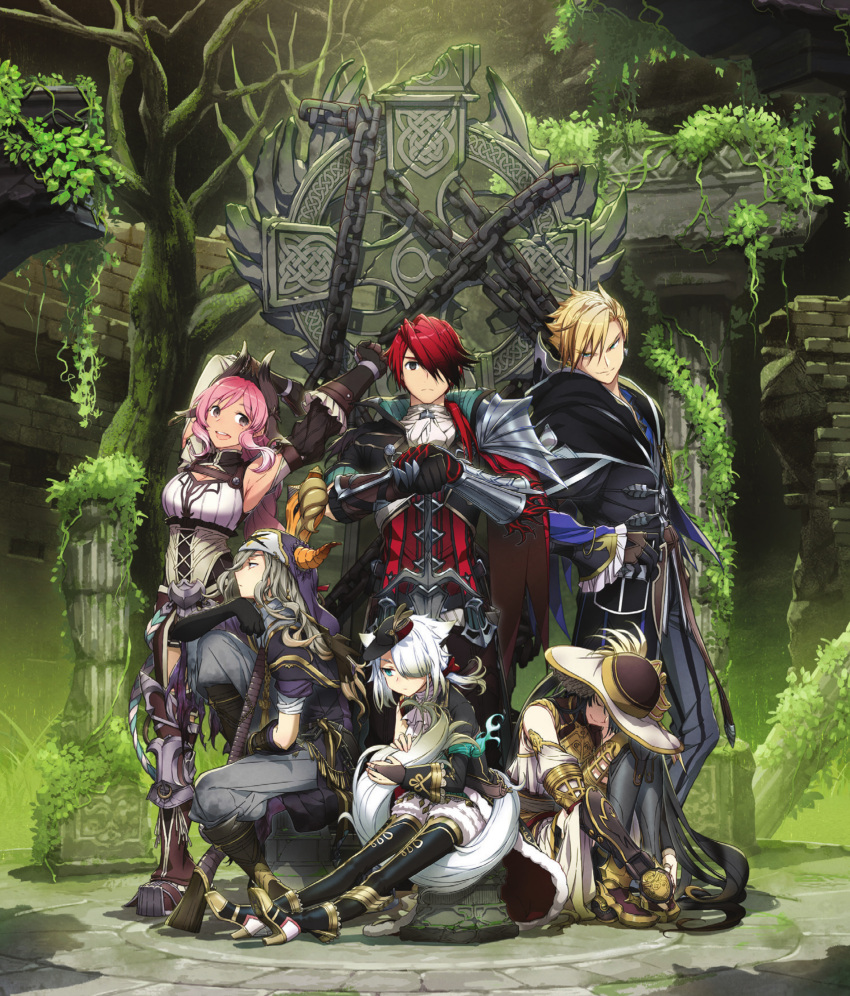 3boys 3girls :d absurdres adol_christin animal_ears aqua_eyes armor armpits ascot asymmetrical_sleeves black_hair black_jacket blonde_hair boots breasts brick_floor brick_wall bridal_gauntlets brown_hair capelet cat_ears celtic_knot chain cleavage cleavage_cutout closed_eyes closed_mouth clothing_cutout corset cow_ears cow_horns crimson_king_(ys) detached_sleeves doll_(ys) dress elbow_gloves gloves gradient_hair grey_hair hair_over_one_eye hand_on_own_hip hands_on_hilt hat hawk_(ys) head_on_knee high_collar highres holding holding_own_tail holding_sword holding_weapon horns horns_through_headwear hugging_own_legs ivy jacket key_visual large_breasts long_hair looking_at_viewer looking_to_the_side mini_hat multicolored_hair multiple_boys multiple_girls nakbe official_art open_mouth outstretched_legs pants pauldrons picture_hat pink_hair polearm profile promotional_art raging_bull_(ys) red_hair renegade_(ys) short_hair shoulder_armor single_bare_arm single_pauldron single_sleeve sitting sleeveless sleeveless_dress smile standing stretching swept_bangs sword tail thighhighs third-party_source tree vambraces veil weapon wheel white_ascot white_cat_(ys) white_hair ys ys_ix:_monstrum_nox