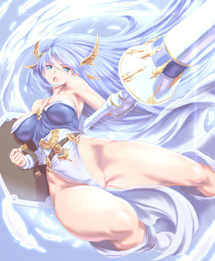 1girl blue_eyes blue_hair boots breasts castlevania:_dawn_of_sorrow castlevania_(series) feathered_wings feathers highres holding holding_shield holding_weapon kous_(onetwojustice) lance open_mouth polearm shield valkyrie_(castlevania) weapon white_boots white_feathers wings