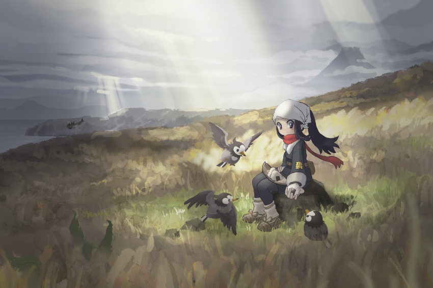 1girl 2511shoko absurdres akari_(pokemon) bird feeding food gen_4_pokemon headscarf highres hill long_sleeves meadow nintendo ocean on_rock onigiri pokemon pokemon_legends:_arceus red_scarf rock scarf sitting starly white_headscarf