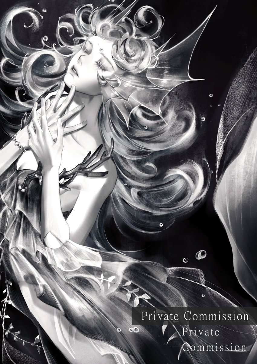 1girl absurdres air_bubble bubble closed_eyes commission dress elbow_gloves fins gloves greyscale hands_on_own_chest head_fins highres mermaid monochrome monster_girl original parted_lips underwater wisteria_1107
