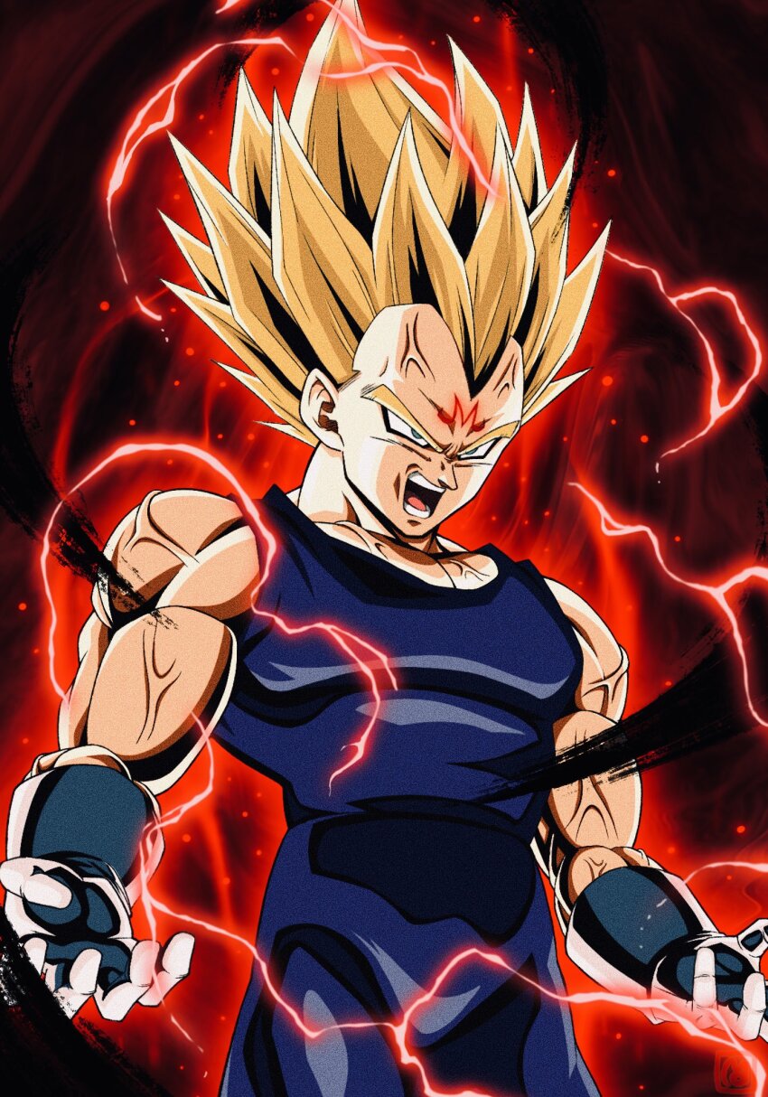 1boy aura biceps blonde_hair blue_pants blue_tank_top commentary_request cowboy_shot dragon_ball dragonball_z facial_mark forehead_mark gloves glowing_markings green_eyes highres looking_ahead majin_vegeta male_focus medium_hair muscular muscular_male open_mouth pants red_lightning solo spiked_hair super_saiyan tank_top teeth tongue v-shaped_eyebrows vegeta veins veiny_arms veiny_face veiny_pectorals white_gloves widow&#039;s_peak y_man_07