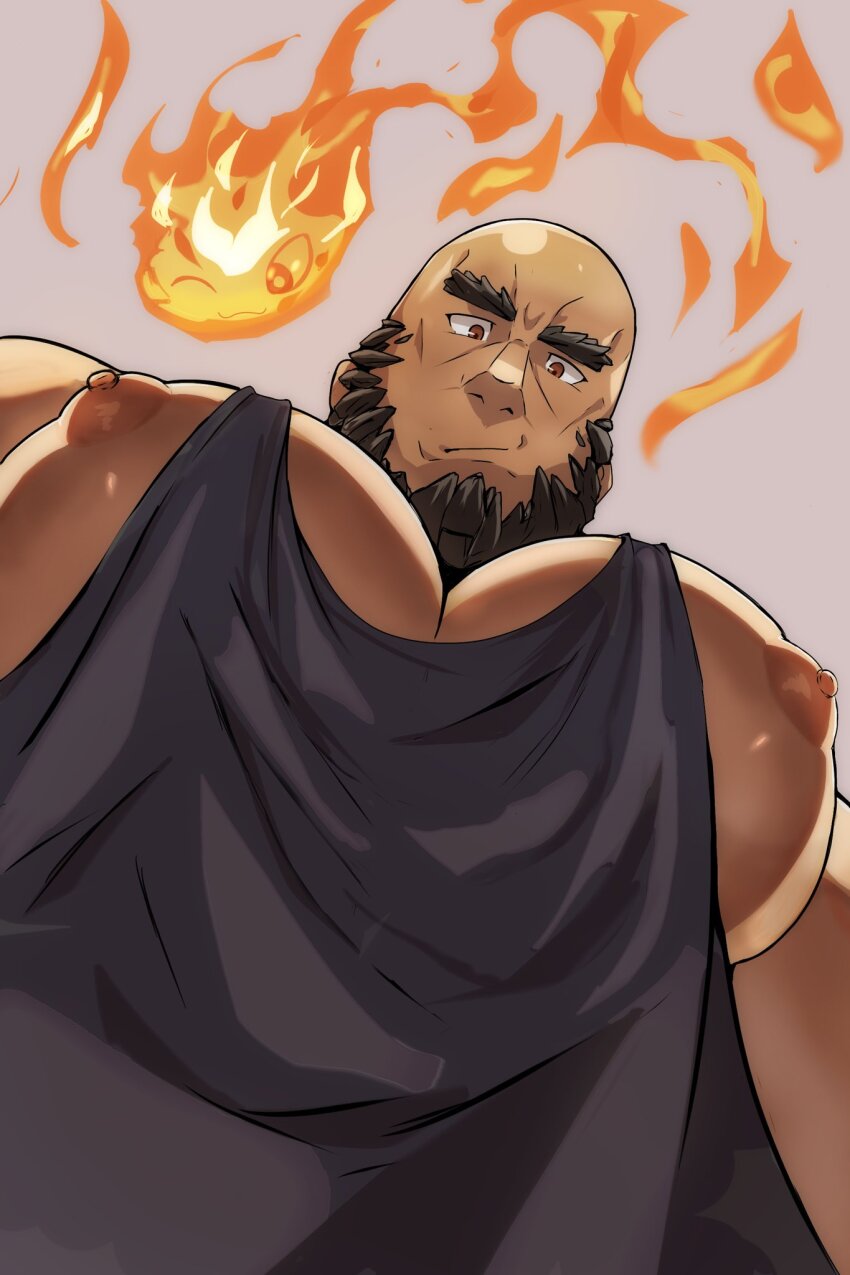 1boy :/ bald bara beard black_tank_top dark-skinned_male dark_skin facial_hair fire foreshortening from_below full_beard highres hitodama huge_pectorals kaeru333938123 looking_at_viewer looking_down male_focus mature_male meme muscular muscular_male nipple_slip nipples pectoral_cleavage pectoral_focus pectorals photo-referenced prometheus_(housamo) puffy_chest pyrokinesis short_hair sidepec solid_beard solo tank_top thick_beard thick_eyebrows tokyo_houkago_summoners upper_body pec_pov_(meme)