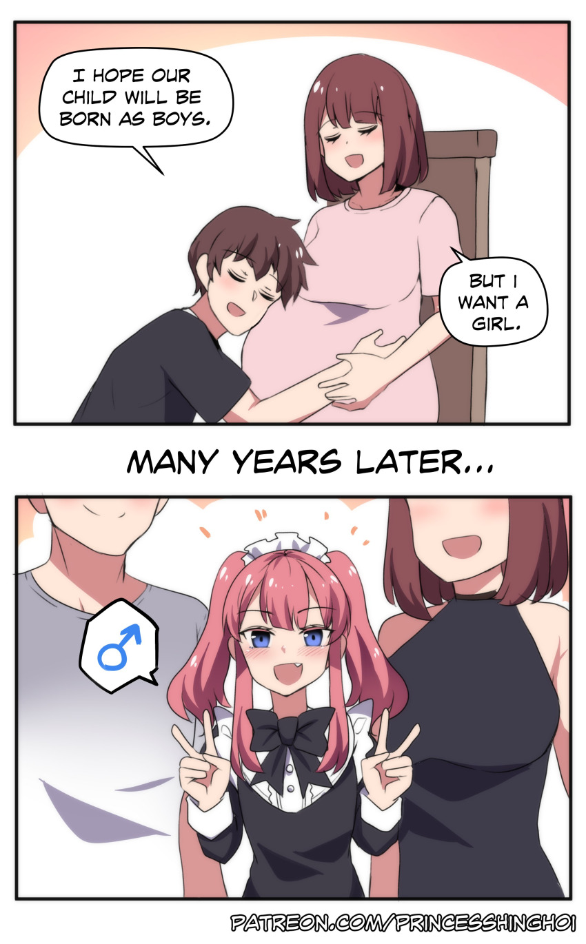 1girl 2boys 2koma :d absurdres age_progression artist_name blue_eyes blush bow bowtie breasts brown_hair center_frills closed_eyes comic commentary couple crossdressing double_v english_text family fang father_and_son frills hetero highres hinghoi long_sleeves looking_at_viewer maid_headdress mars_symbol mother_and_son multiple_boys open_mouth original pregnant red_hair shirt smile speech_bubble spoken_mars_symbol trap two_side_up typo v