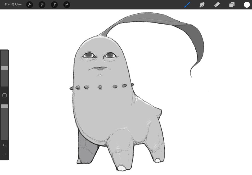 1other animal art_program_in_frame chikorita closed_mouth commentary_request cowlick creature expressionless floating_hair frown full_body gen_2_pokemon greyscale high_detail highres ios_(os) leaf looking_at_viewer lower_lip_only man_face medium_request monochrome nao70shark1 nintendo no_eyebrows no_humans other_focus pokemon pokemon_(creature) simple_background solo spikes standing translated white_background