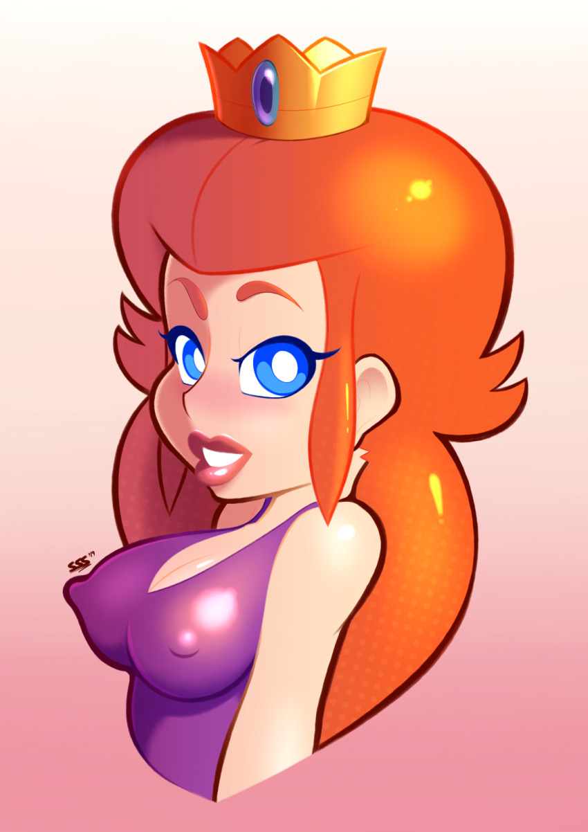1girl 2019 artist_name blue_eyes blush breasts brown_hair cleavage crown female_focus gradient_background highres lipstick makeup mario_(series) medium_breasts nintendo nipples princess_peach signature smile solo super_mario_bros._1 supersegasonicss the_super_mario_bros._super_show!
