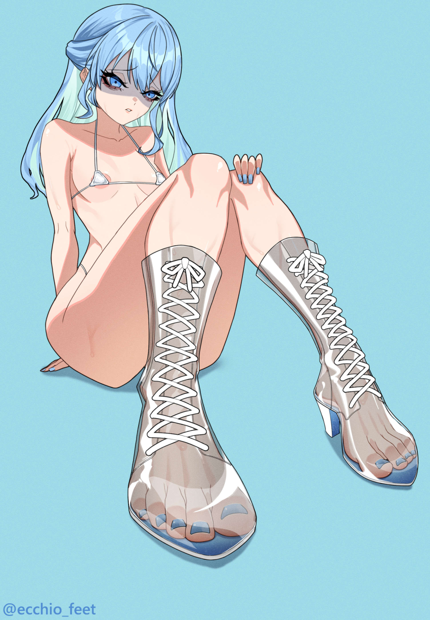 1girl absurdres aqua_hair areola_slip armpit_crease bikini blue_background blue_eyes blue_hair blue_nails blush boots breasts colored_inner_hair convenient_leg ecchi-o eyelashes feet foot_focus foreshortening hair_between_eyes hand_on_own_knee high_heel_boots high_heels highres hololive hoshimachi_suisei knees_together_feet_apart knees_up legs long_hair looking_at_viewer micro_bikini multicolored_hair nail_polish paid_reward_available parted_lips see-through_clothes see-through_footwear sidelocks simple_background sitting small_breasts solo swimsuit toenail_polish toenails toes twitter_username virtual_youtuber white_bikini