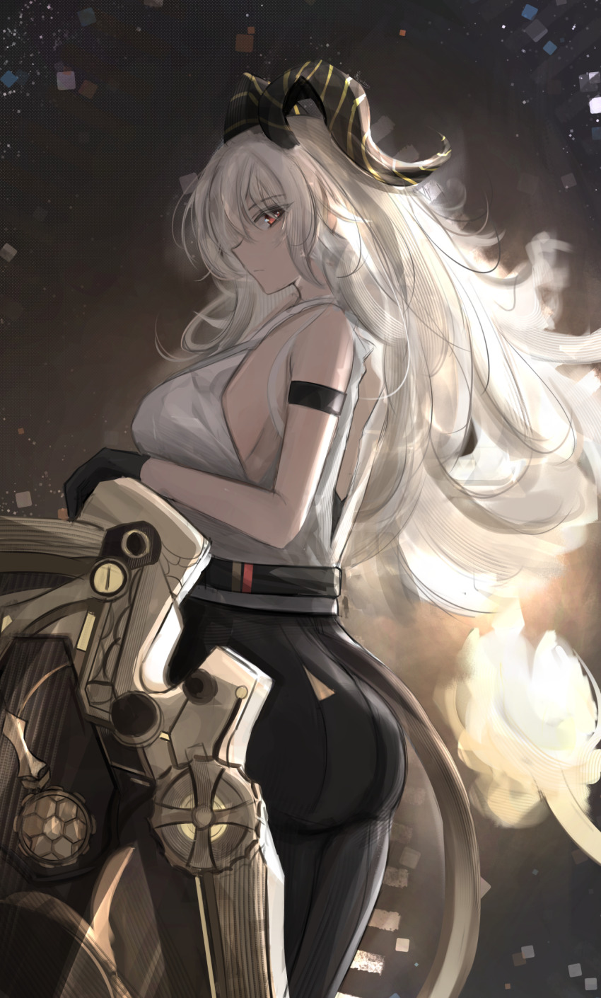 1girl arm_strap bare_shoulders black_gloves black_horns black_pants black_tail breasts closed_mouth commentary cowboy_shot curled_horns from_side gloves highres horns large_breasts long_hair looking_at_viewer pants profile red_eyes shirt shirt_tucked_in solo vincentime white_hair white_shirt wuthering_waves zani_(wuthering_waves)