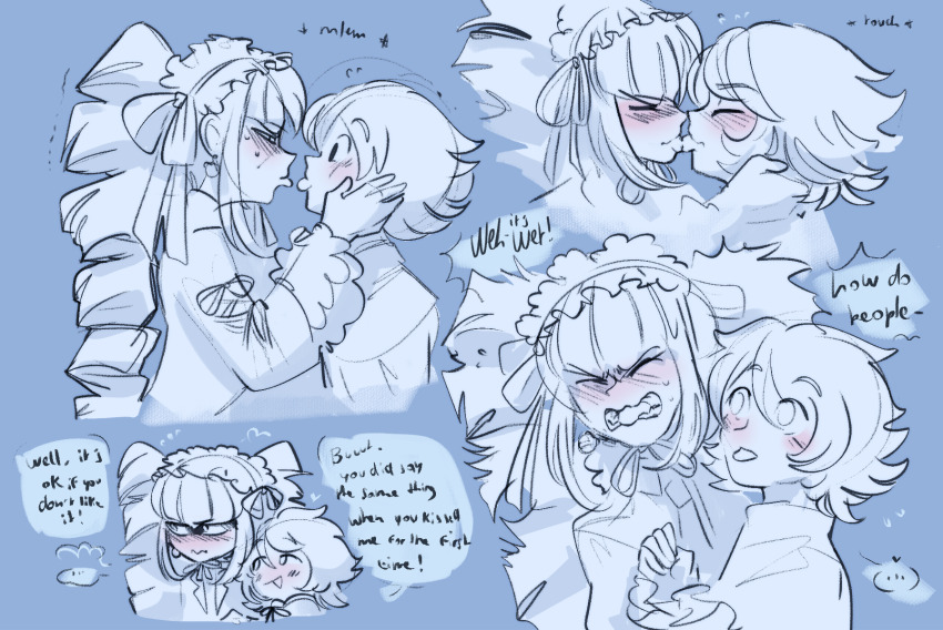 1boy 1girl :d blush celestia_ludenberg danganronpa:_trigger_happy_havoc danganronpa_(series) drill_hair english_text from_side fujisaki_chihiro headdress hetero highres long_hair open_mouth profile short_hair smile smug speech_bubble tongue tongue_out twin_drills twinklelitchii twintails wavy_mouth