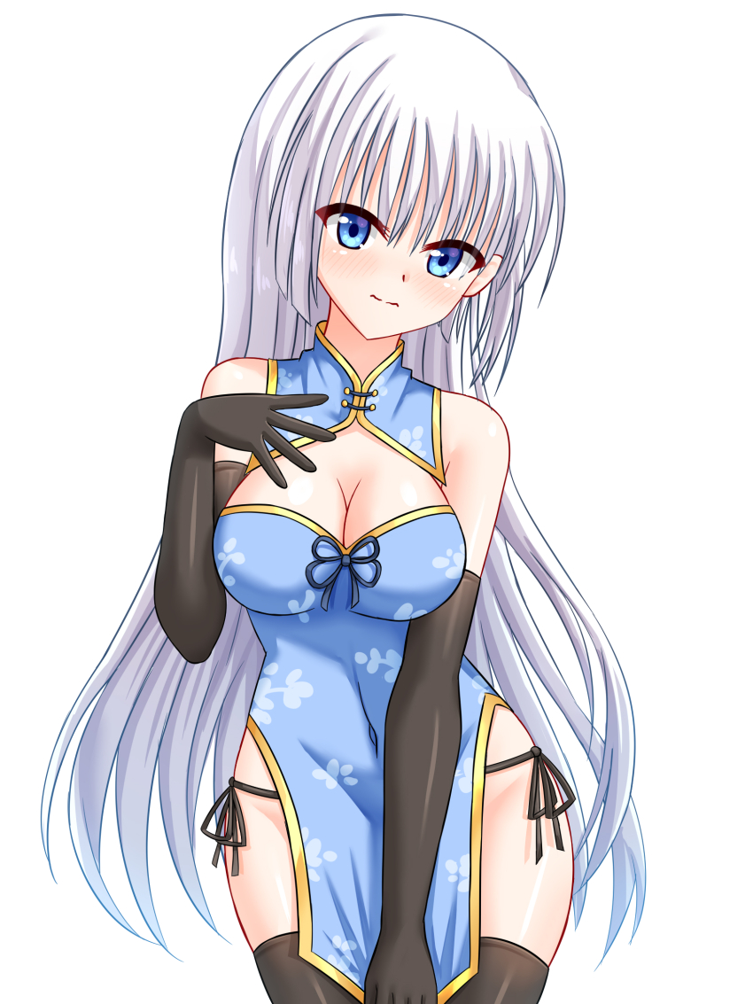 1girl 3: alternate_costume bare_shoulders black_gloves black_panties black_thighhighs blue_dress blue_eyes blush breasts china_dress chinese_clothes cleavage cleavage_cutout closed_mouth clothing_cutout commentary_request covered_navel covering_crotch covering_privates cowboy_shot dress elbow_gloves embarrassed gloves hair_between_eyes hand_up highres large_breasts long_hair looking_at_viewer naruse_shiroha panties side-tie_panties simple_background sleeveless sleeveless_dress solo split_mouth straight_hair summer_pockets tamba_i thighhighs underwear very_long_hair wavy_mouth white_background white_hair