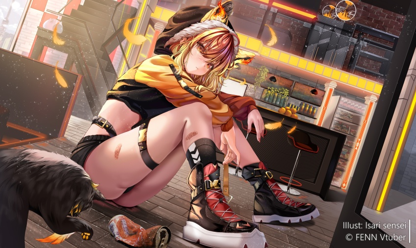1girl animal_ears ass bandaid belt black_hoodie black_shorts black_socks crop_top cropped_hoodie dutch_angle highres hood hood_up hoodie indie_virtual_youtuber isari_sensei kneehighs knees_up long_sleeves looking_at_viewer medium_hair micro_shorts midriff orange_eyes orange_hair orange_sleeves shoes short_shorts shorts sitting sneakers socks solo thigh_strap thighs v-shaped_eyebrows virtual_youtuber