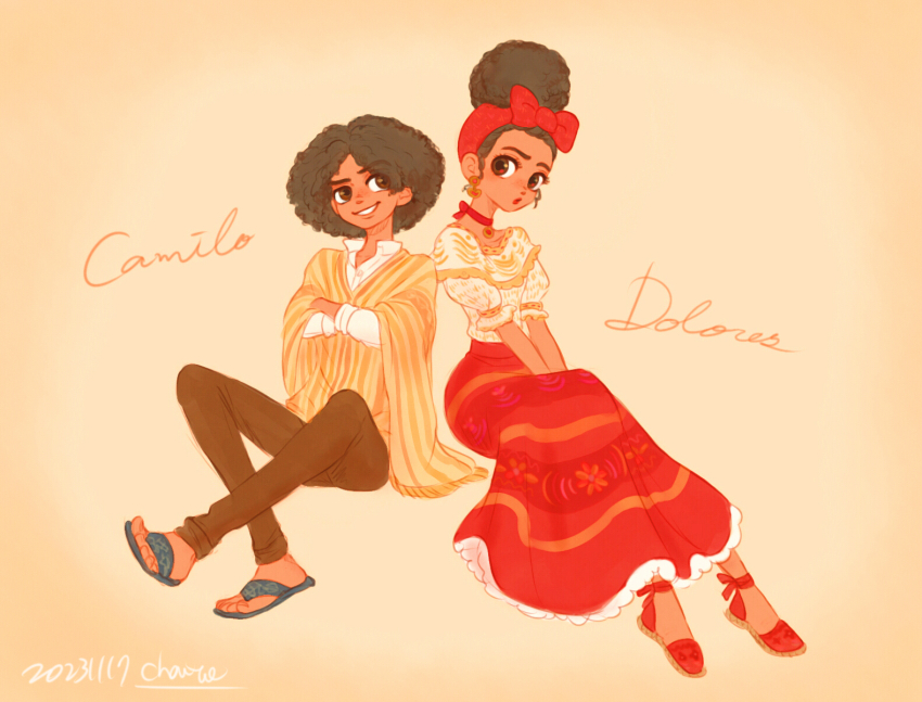 1boy 1girl afro bow brown_eyes brown_hair camilo_madrigal chai_5 choker curly_hair dark-skinned_female dark-skinned_male dark_skin dolores_madrigal earrings encanto hair_bow heart heart_earrings highres jewelry long_sleeves red_bow red_choker sandals simple_background skirt