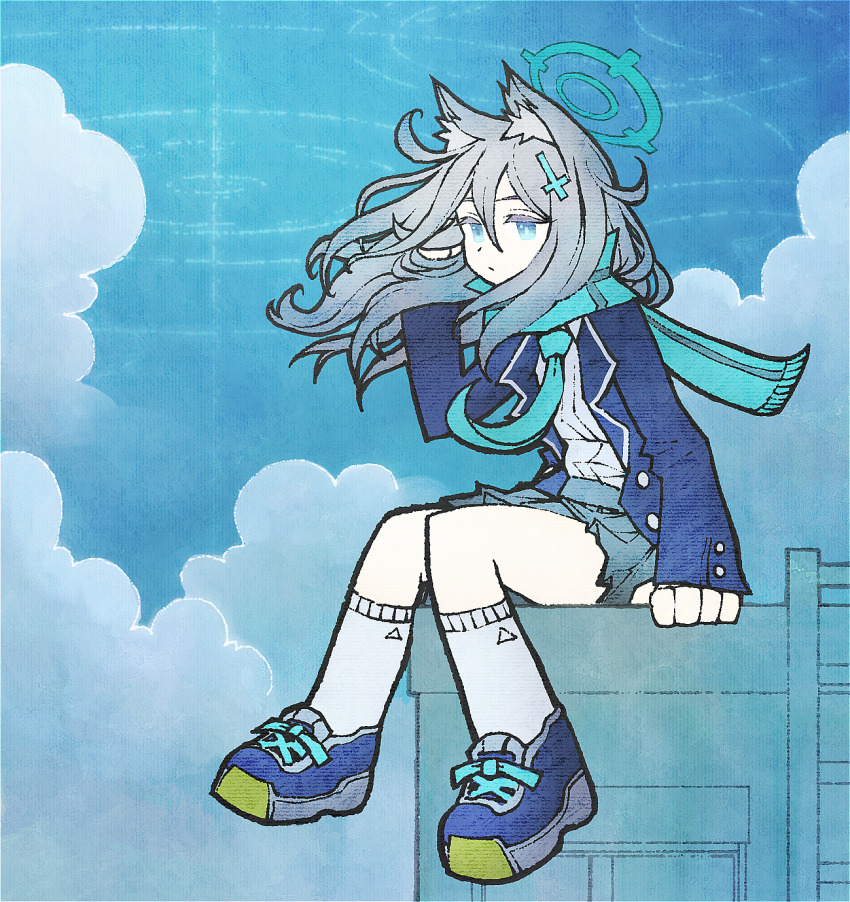 1girl animal_ear_fluff animal_ears blazer blue_archive blue_eyes blue_jacket blue_necktie blue_scarf blue_shoes blue_sky building cloud cloudy_sky commentary_request cross cross_hair_ornament dress_shirt expressionless floating_hair full_body grey_hair grey_skirt hair_between_eyes hair_ornament halo hand_in_own_hair highres inverted_cross jacket kneehighs korean_commentary ledge long_hair long_sleeves looking_ahead mismatched_pupils necktie on_roof open_clothes open_jacket outdoors pleated_skirt scarf school_uniform seabearsnake shiroko_(blue_archive) shirt shirt_tucked_in shoes sitting_on_roof skirt sky sneakers socks solo white_shirt white_socks wolf_ears