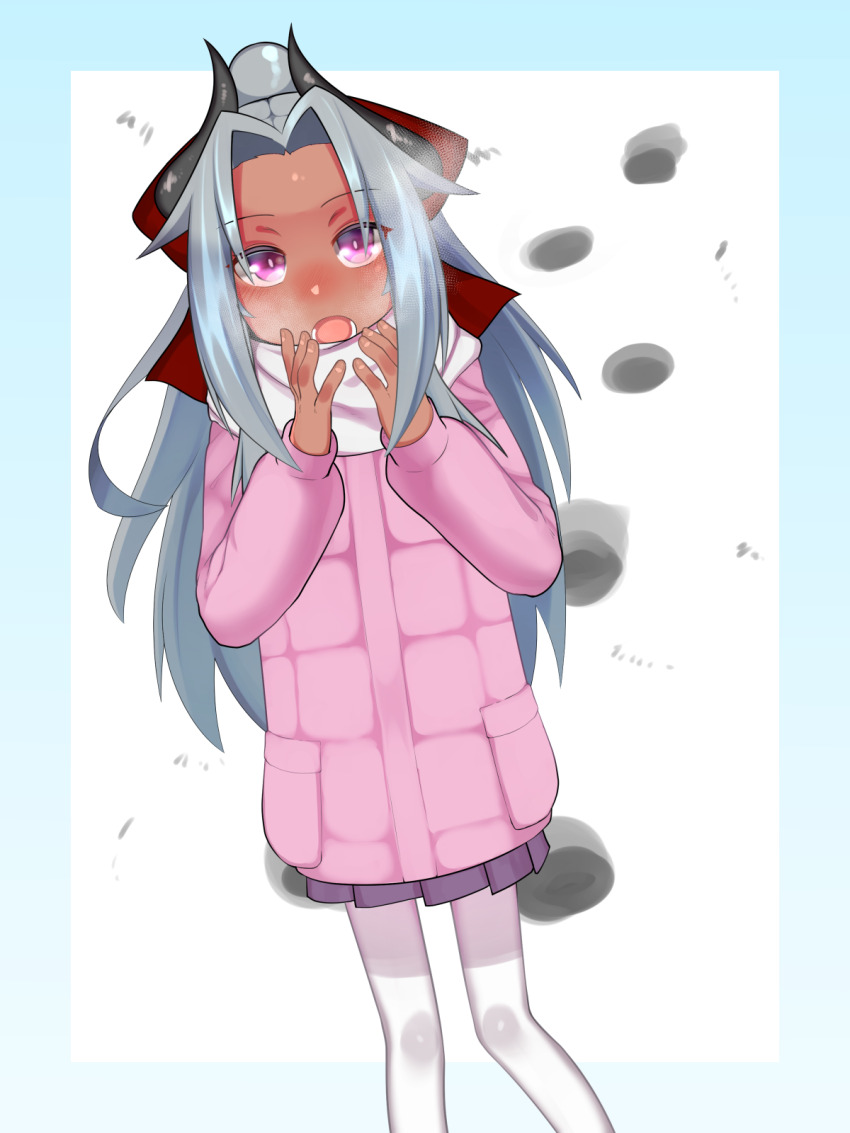 1girl black_horns border breathing_on_hands coat commentary_request curtained_hair dark-skinned_female dark_skin dutch_angle gloggy grey_hair high_ponytail highres horns jewelry kikyou_(gloggy) long_hair long_sleeves looking_at_viewer neck_ring open_mouth original outside_border pink_coat pink_eyes ponytail purple_skirt scarf skirt slim_legs solo steam thighhighs white_thighhighs