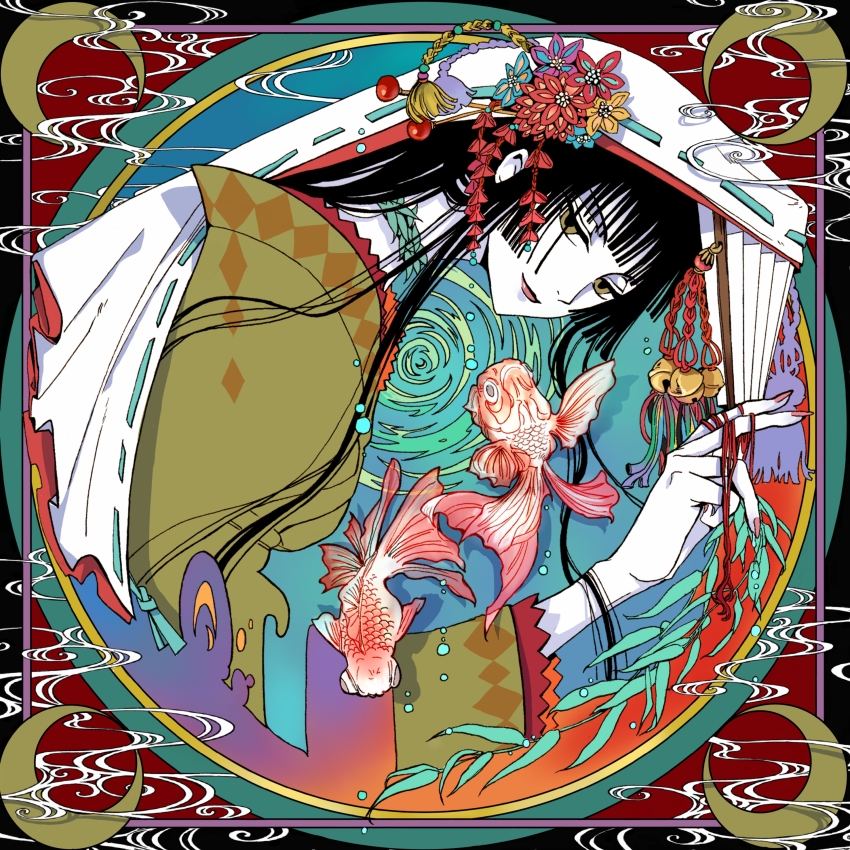 1girl abstract_background absurdres black_hair blunt_bangs brown_eyes clamp_(circle)_(style) closed_mouth crescent_moon fish flower_ornament folded_fan folding_fan framed goldfish hand_fan highres hime_cut holding holding_fan ichihara_yuuko japanese_clothes kimono long_hair moon nail_polish red_nails sidelocks smile smoke smoke_trail solo traditional_clothes veil white_veil wide_sleeves xxxholic zizipai