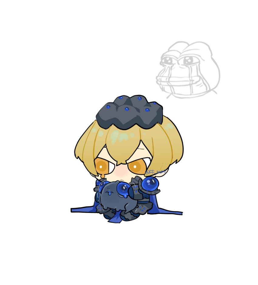 1boy :&lt; animal armor black_armor blonde_hair blubbering_toad_(project_moon) blue_cape blue_gemstone cape cavernous_wailing_(e.g.o) commentary_request e.g.o_(project_moon) ff_nami full_body gem highres holding holding_animal limbus_company looking_to_the_side pepe_the_frog project_moon sinclair_(project_moon) single_tear solo toad_(animal) yellow_eyes