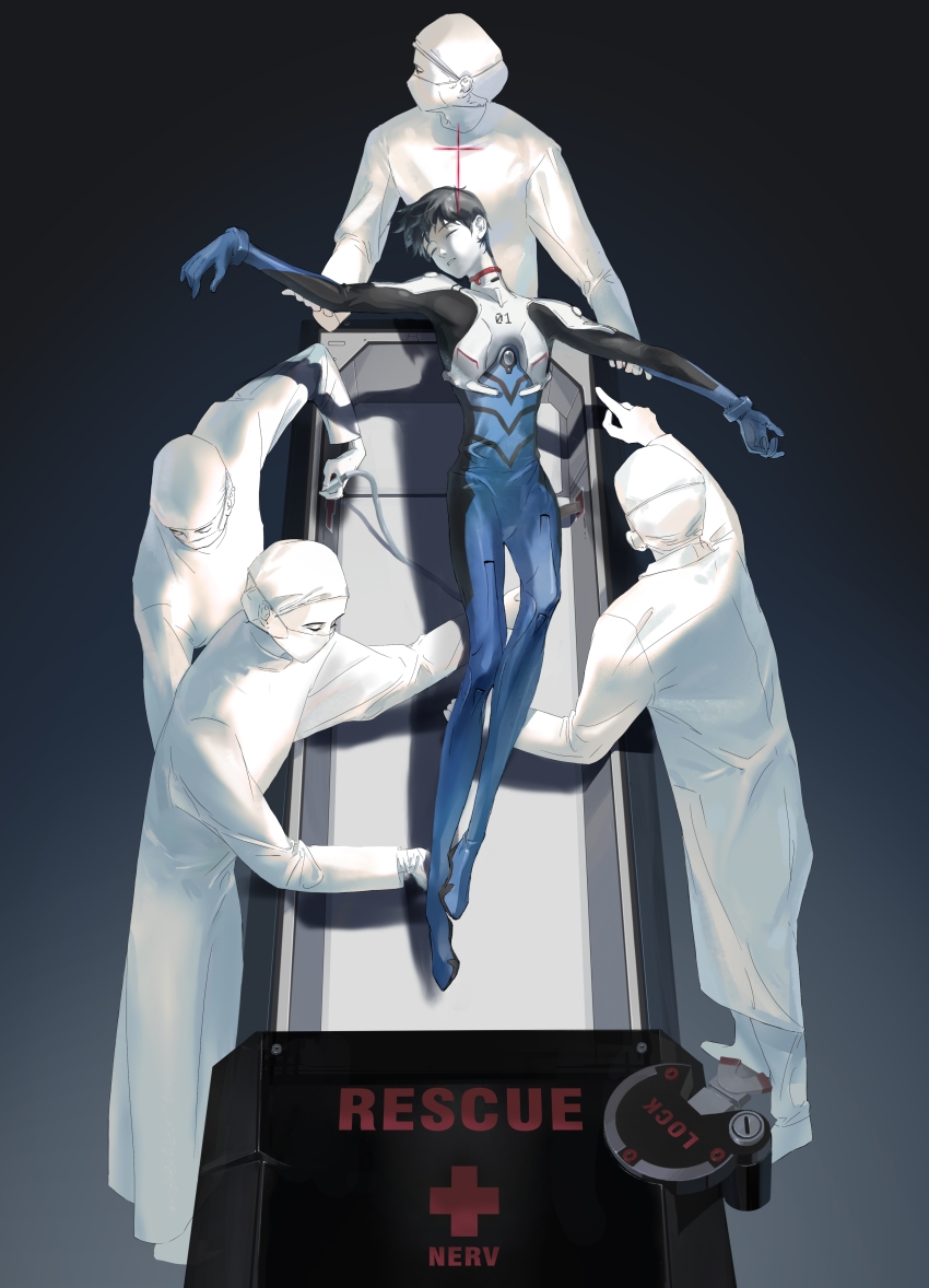 absurdres cross doctor english_text gloves gradient_background highres hospital ikari_shinji latex latex_gloves lying male_focus mask mecha_pilot_suit medical_scrubs mouth_mask neon_genesis_evangelion nerv on_back outstretched_arms plugsuit_(evangelion) red_cross rubber_gloves shadow short_hair siyemmm spread_arms surgeon surgical_mask tagme unconscious