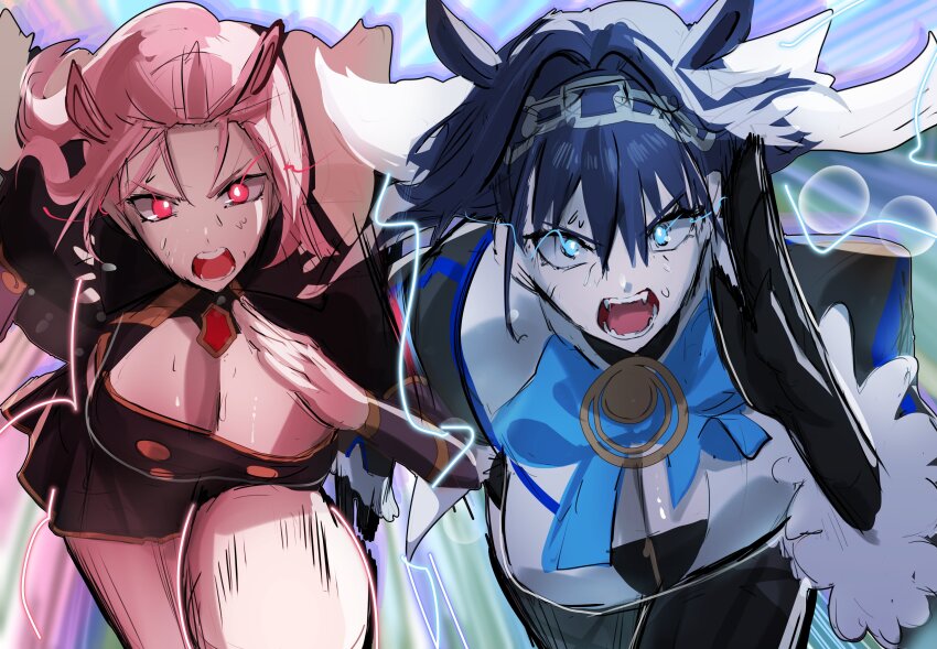 2girls absurdres animal_ears blue_hair breasts chain chain_headband cleavage daaku_(koizumi_arata) detached_sleeves gloves glowing glowing_eyes hair_intakes highres hololive hololive_english horse_ears long_hair mori_calliope mori_calliope_(1st_costume) multicolored_hair multiple_girls open_mouth ouro_kronii ouro_kronii_(1st_costume) pink_eyes pink_hair running short_hair sweat umamusume virtual_youtuber