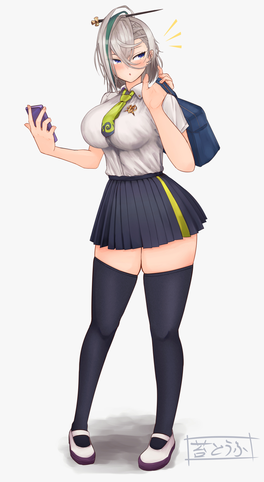 1girl absurdres bag black_skirt black_thighhighs blue_eyes blush breasts cellphone collared_shirt contemporary fate/grand_order fate_(series) full_body green_hair hair_between_eyes hair_ornament hairpin highres huyan_zhuo_(fate) huyan_zhuo_(heartbeat_iron_clubs)_(fate) large_breasts looking_to_the_side medium_hair miniskirt mujw4524 multicolored_hair necktie open_mouth phone pleated_skirt school_bag shirt short_sleeves skirt solo streaked_hair thighhighs white_footwear white_hair white_shirt