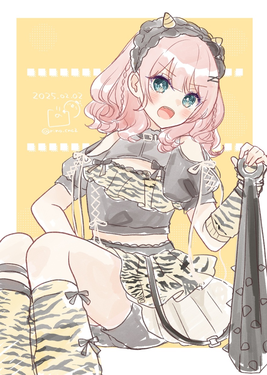 1girl animal_print black_shirt black_shorts blue_eyes border braid brown_background cleavage_cutout clothing_cutout club club_(weapon) commentary_request fake_horns fangs feet_out_of_frame hair_between_eyes hair_ornament hairclip highres horns kanabou looking_at_viewer loose_socks open_mouth original pink_hair pleated_skirt print_socks puffy_short_sleeves puffy_sleeves rino_cnc shirt short_sleeves shorts shorts_under_skirt shoulder_cutout skirt socks solo tiger_print v-shaped_eyebrows weapon white_border white_skirt