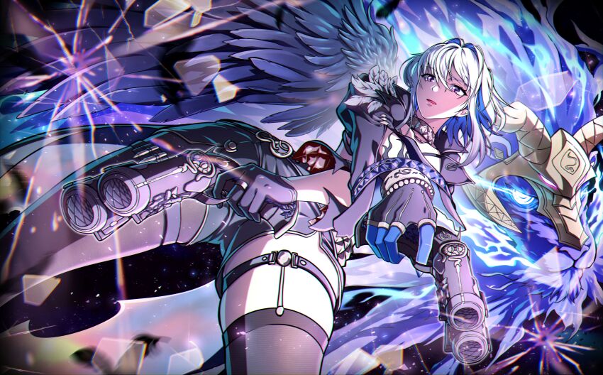 1girl absurdres black_jacket black_pantyhose black_shorts black_thighhighs black_wings chimera_(wuthering_waves) commentary_request crossed_arms dual_wielding feathered_wings galbrena_(wuthering_waves) gold_choker grey_hair gun hair_between_eyes highres holding holding_gun holding_weapon jacket korean_commentary mole mole_on_neck pantyhose parted_lips purple_eyes shorts single_leg_pantyhose single_thighhigh single_wing soon_(yjwx8242) tacet_discord_(wuthering_waves) thigh_strap thighhighs thighs weapon wings wuthering_waves