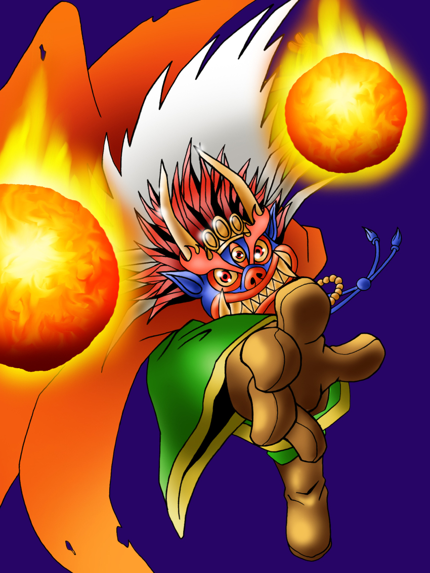 1boy baromon digimon digimon_(creature) fire highres male_focus mask sharp_teeth solo teeth third_eye
