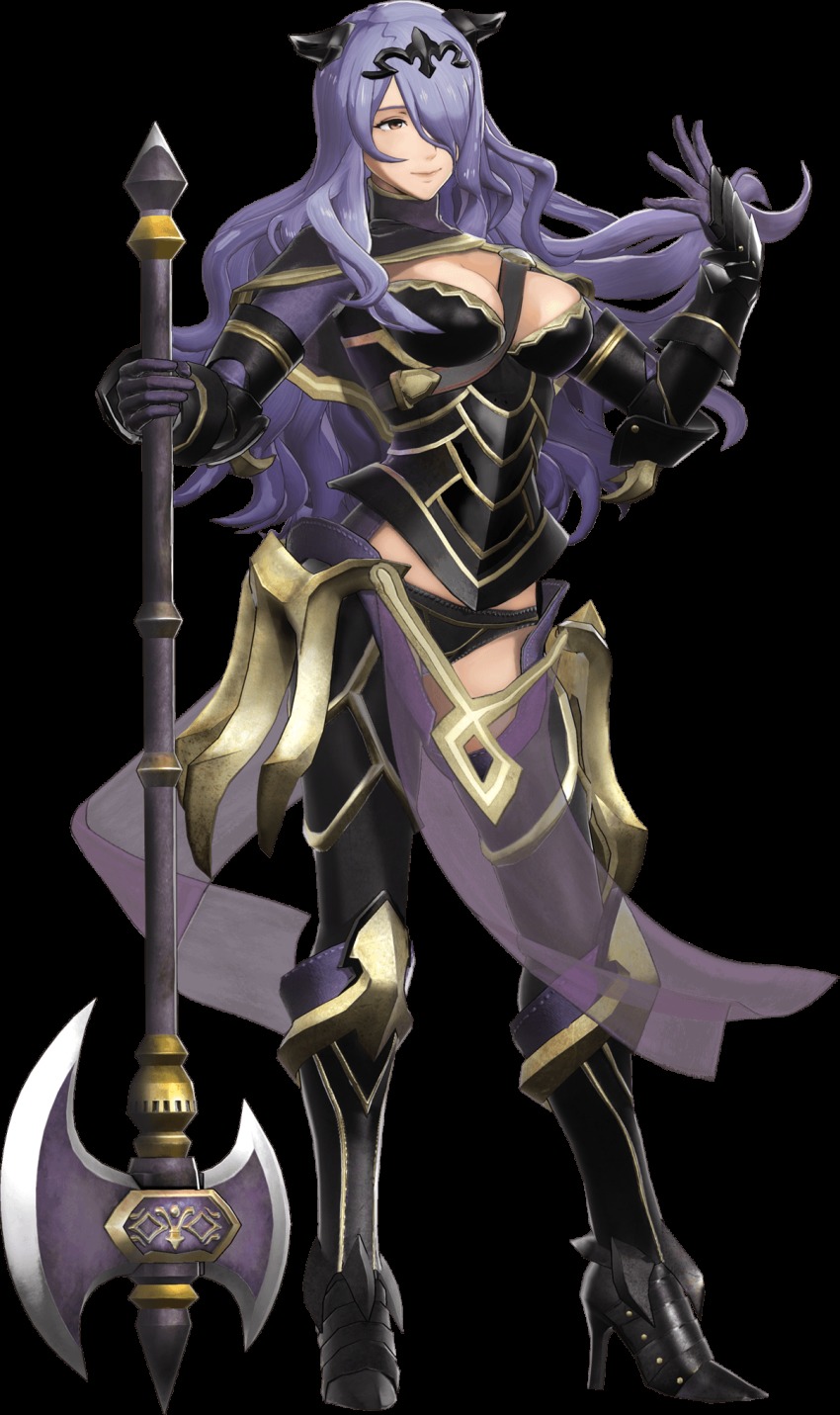 1girl 3d armor axe black_armor black_panties boots breasts bustier camilla_(fire_emblem) capelet cleavage female_focus fire_emblem fire_emblem_fates fire_emblem_warriors full_body gloves hair_over_one_eye high_heel_boots high_heels highres large_breasts lips long_hair nintendo official_art panties purple_gloves purple_hair solo thigh_boots thighhighs tiara transparent_background underwear vambraces wavy_hair weapon