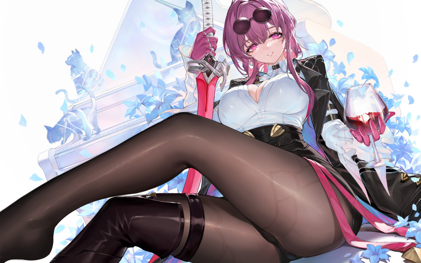 1girl absurdres ass black_jacket breasts brown_thighhighs cup drinking_glass glasses grin highres holding holding_cup holding_sword holding_weapon honkai:_star_rail honkai_(series) horz jacket kafka_(honkai:_star_rail) large_breasts long_hair pantyhose pink_hair revision sitting smile solo sword teeth thighhighs weapon wine_glass