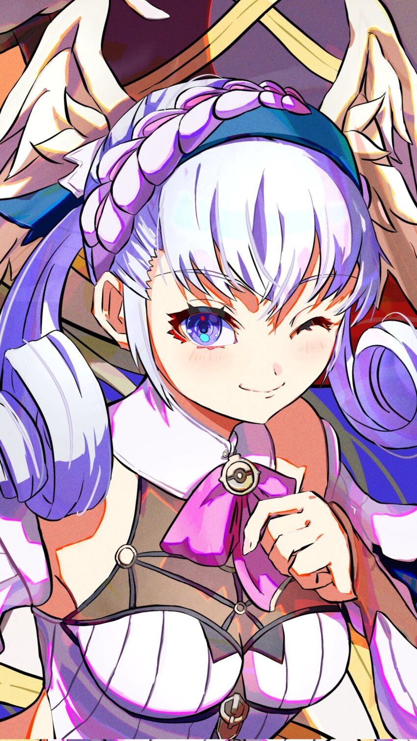 blue_eyes grey_hair head_wings highres looking_at_viewer melia_antiqua milo_monzon one_eye_closed smile wings xenoblade_chronicles:_future_connected xenoblade_chronicles_(series) xenoblade_chronicles_1