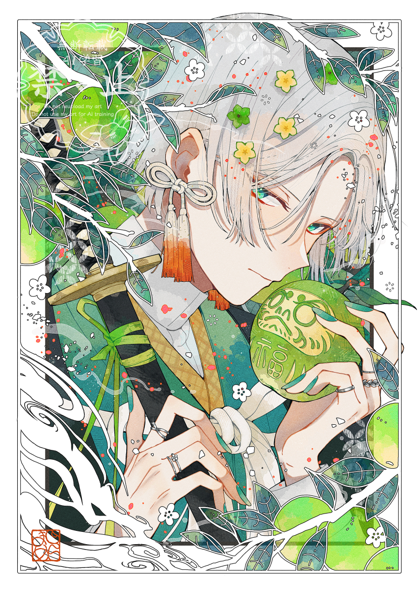 1boy absurdres apple daruma_doll floral_border flower food fruit green_apple green_nails hakama highres holding holding_food holding_fruit holding_sword holding_weapon japanese_clothes jewelry katana leaf long_sleeves looking_at_viewer male_focus original pale_skin parted_bangs portrait sheath sheathed shira_mame93 silver_ring smoke smoke_trail solo sword tassel watermark weapon white_background white_hair