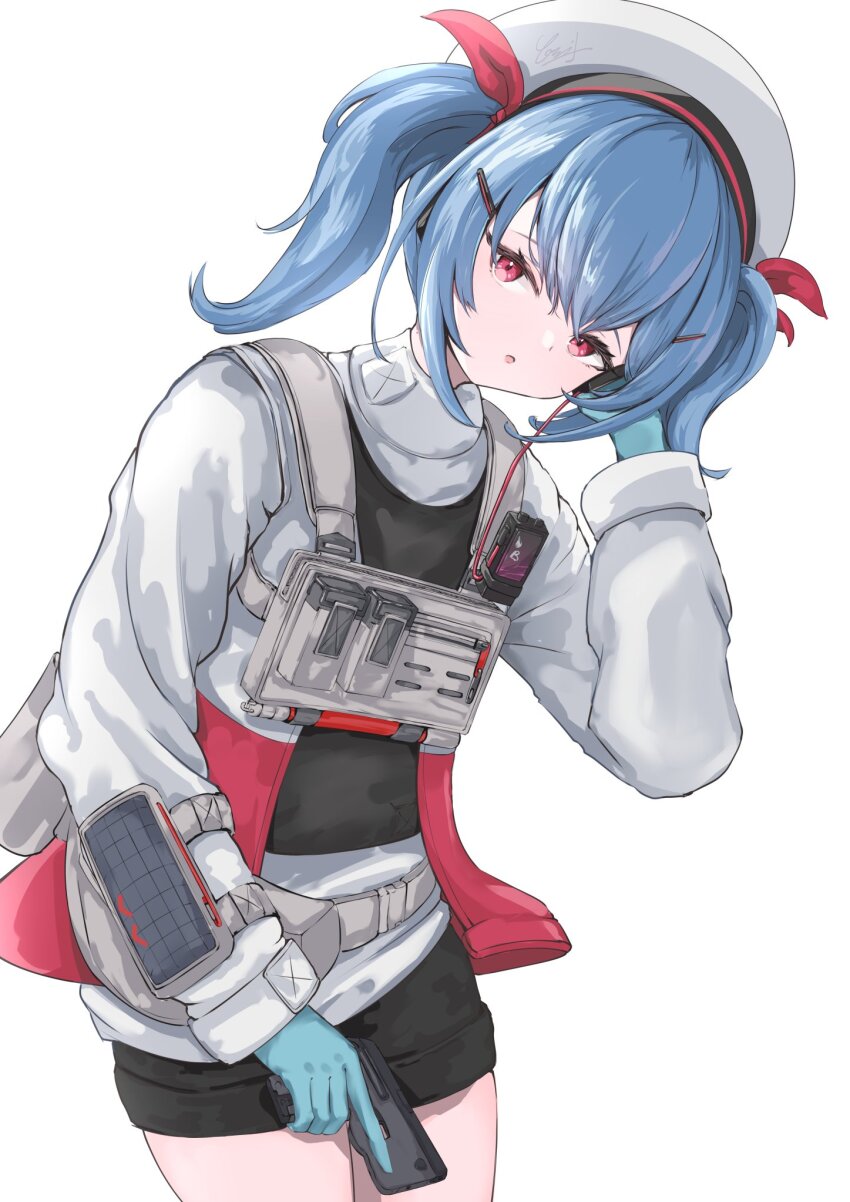 1girl blue_hair colphne_(girls&#039;_frontline_2) girls&#039;_frontline girls&#039;_frontline_2:_exilium gloves gun handgun hat jacket pocket_pistol red_eyes taurus_curve twintails weapon white_jacket