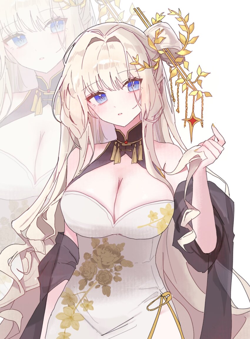 1girl blonde_hair blue_eyes breasts cleavage crown_(nikke) dress drill_hair goddess_of_victory:_nikke highres large_breasts official_alternate_costume official_alternate_hairstyle ribbcott solo upper_body white_background white_dress