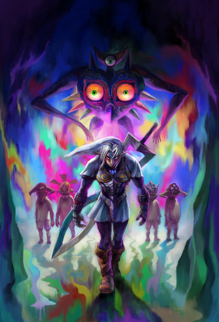 1boy 4others absurdres alternate_form ambiguous_gender androgynous armor arms_at_sides barefoot belt belt_buckle black_bodysuit black_gloves blank_eyes blue_gemstone bodysuit boots bracer breastplate brown_boots buckle chest_jewel child closed_mouth colored_sclera crescent crescent_print cuirass dark_persona double_helix elbow_gloves extra_eyes facial_mark fierce_deity fingerless_gloves forehead_mark full_body gem gloves glowing glowing_eyes goht greatsword green_eyes grey_hat grey_tunic gyorg hat highres horned_mask horns horror_(theme) huge_weapon knee_boots long_sleeves looking_at_viewer majora&#039;s_incarnation majora_(entity) male_focus marking_on_cheek mask medium_hair monster moon_children multiple_others nintendo no_pupils odolwa official_art orange_sclera parted_bangs pauldrons pointy_ears serious sharp_teeth shirt short_sleeves shorts shoulder_armor sidelocks standing sword teeth the_legend_of_zelda the_legend_of_zelda:_majora&#039;s_mask third_eye tunic turtleneck turtleneck_bodysuit twinmold walking weapon weapon_on_back white_hair white_shirt white_shorts wrist_guards