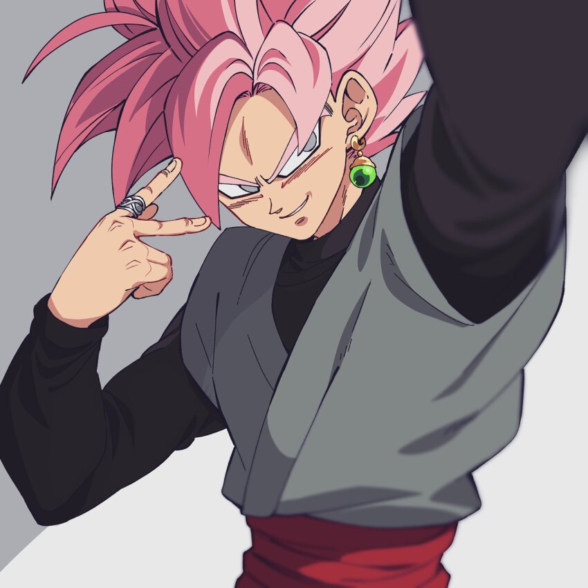 1boy black_shirt dougi dragon_ball dragon_ball_super earrings goku_black grey_background grey_eyes grey_tunic highres jewelry komesan_0212 male_focus medium_hair pink_hair red_sash sash selfie shirt simple_background single_earring smirk solo spiked_hair super_saiyan super_saiyan_rose tunic upper_body v