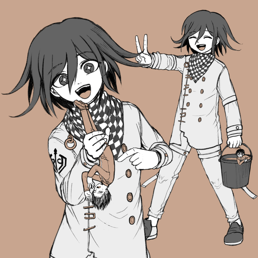 +_+ 2boys arm_belt brown_background bucket buttons checkered_clothes checkered_scarf commentary_request danganronpa_(series) danganronpa_v3:_killing_harmony flipped_hair hair_between_eyes highres holding holding_mini_person in_bucket in_container kutsuhimo long_sleeves male_focus medium_hair mini_person multiple_boys oma_kokichi open_mouth pants saihara_shuichi scarf sepia short_hair simple_background size_difference smile standing teeth two-tone_scarf v