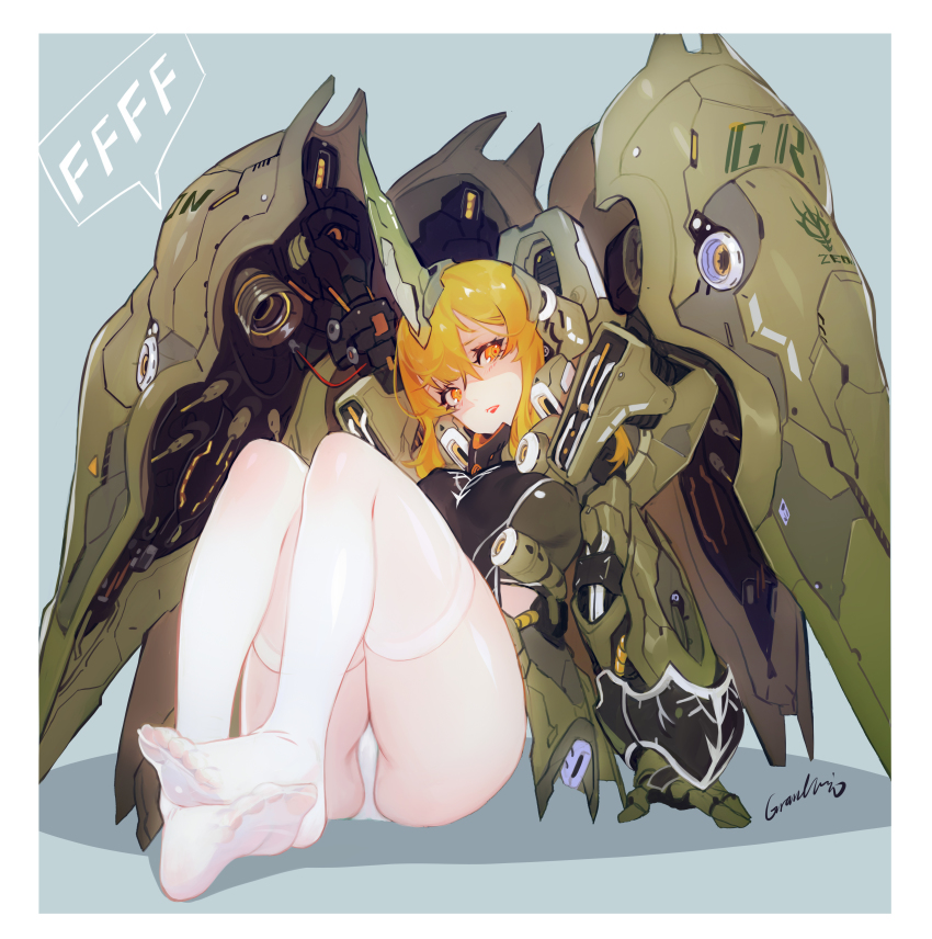 1girl absurdres artist_name ass blonde_hair blush breasts crossed_bangs eyelashes female_focus grandia_lee gundam gundam_unicorn hair_between_eyes highres horns kshatriya lipstick looking_at_viewer makeup mecha_musume medium_breasts medium_hair no_shoes panties parted_lips signature single_horn sitting solo thighhighs thighs toes underwear white_panties white_thighhighs yellow_eyes