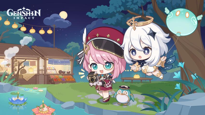 2girls absurdres aqua_eyes balloon cabbie_hat camera charlotte_(genshin_impact) dress genshin_impact gloves hair_between_eyes hair_ornament halo hat highres holding holding_camera kratong long_sleeves loy_kratong monocle multiple_girls official_art open_mouth paimon_(genshin_impact) pers_(genshin_impact) pink_hair red_headwear river slime_(genshin_impact) smile tree water white_dress white_gloves white_hair