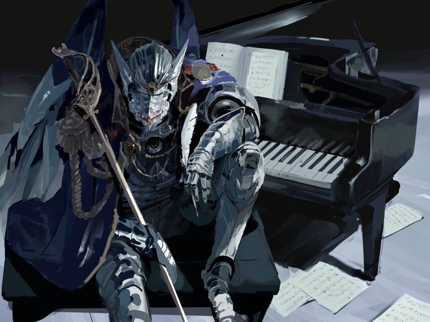 1boy armor blue_cape cape epaulettes feathers full_armor gundam gundam_wing gundam_wing:_endless_waltz helmet highres holding holding_feather holding_staff humanization instrument knight male_focus mechanical_wings piano rintaro_komori sheet_music sitting solo staff v-fin wing_gundam_zero_custom wings